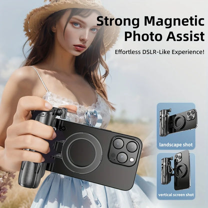 Woman holding a phone with a magnetic photo assist device, with text about its features.