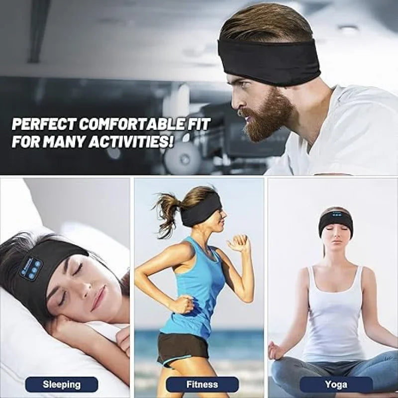 Man wearing a black sleep headband with text 'Perfect comfortable fit for many activities!' and images of people using the headband for sleeping, fitness, and yoga.