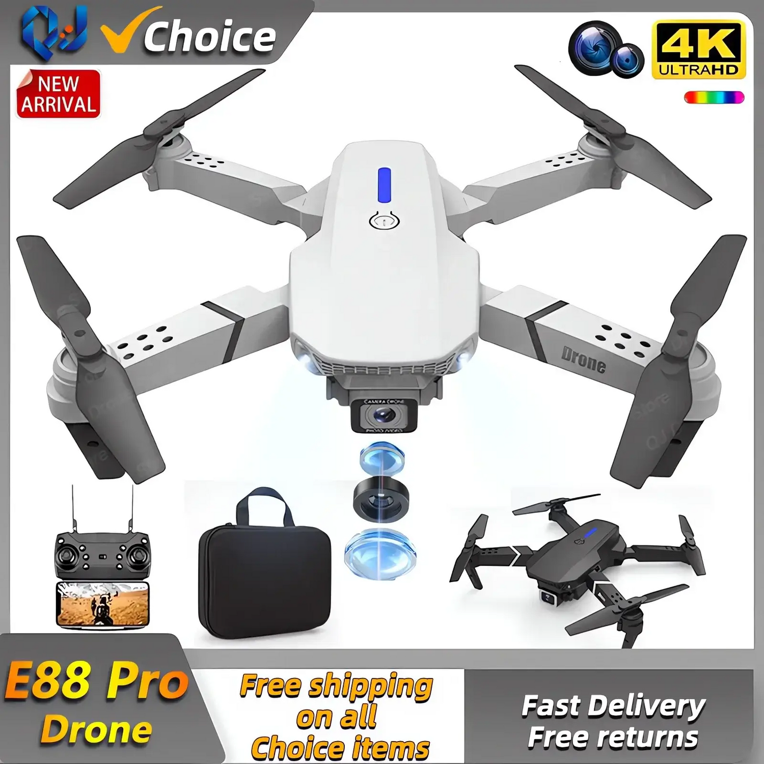 E88 Pro foldable RC drone with accessories on a white background, featuring the Choice brand
