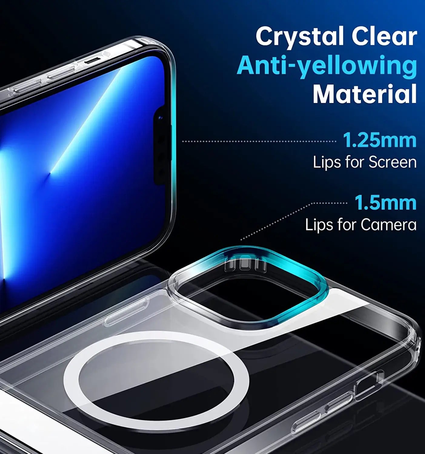 Magnetic clear phone case for iPhone with screen and camera protection features – MagSafe compatible, on a dark background
