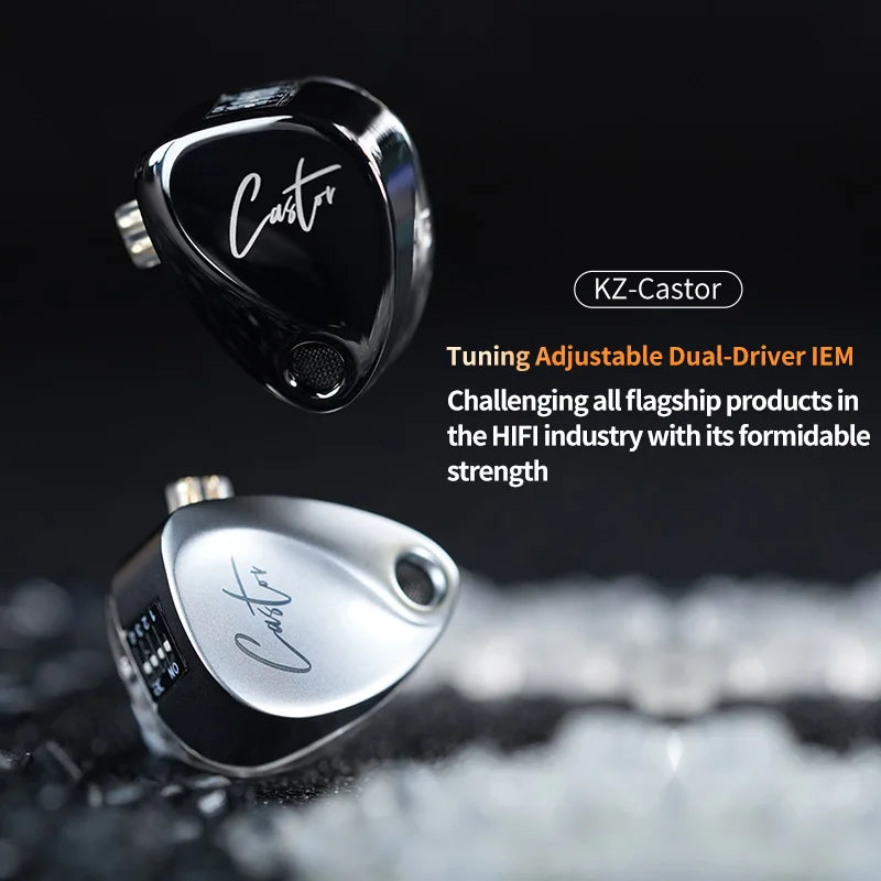 KZ-Castor adjustable dual-driver IEMs with text on a dark background