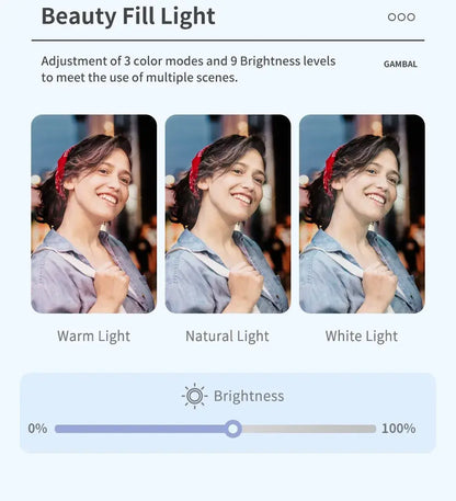 Beauty Fill Light adjustment tool featuring three color modes and adjustable brightness settings for perfect lighting in any environment
