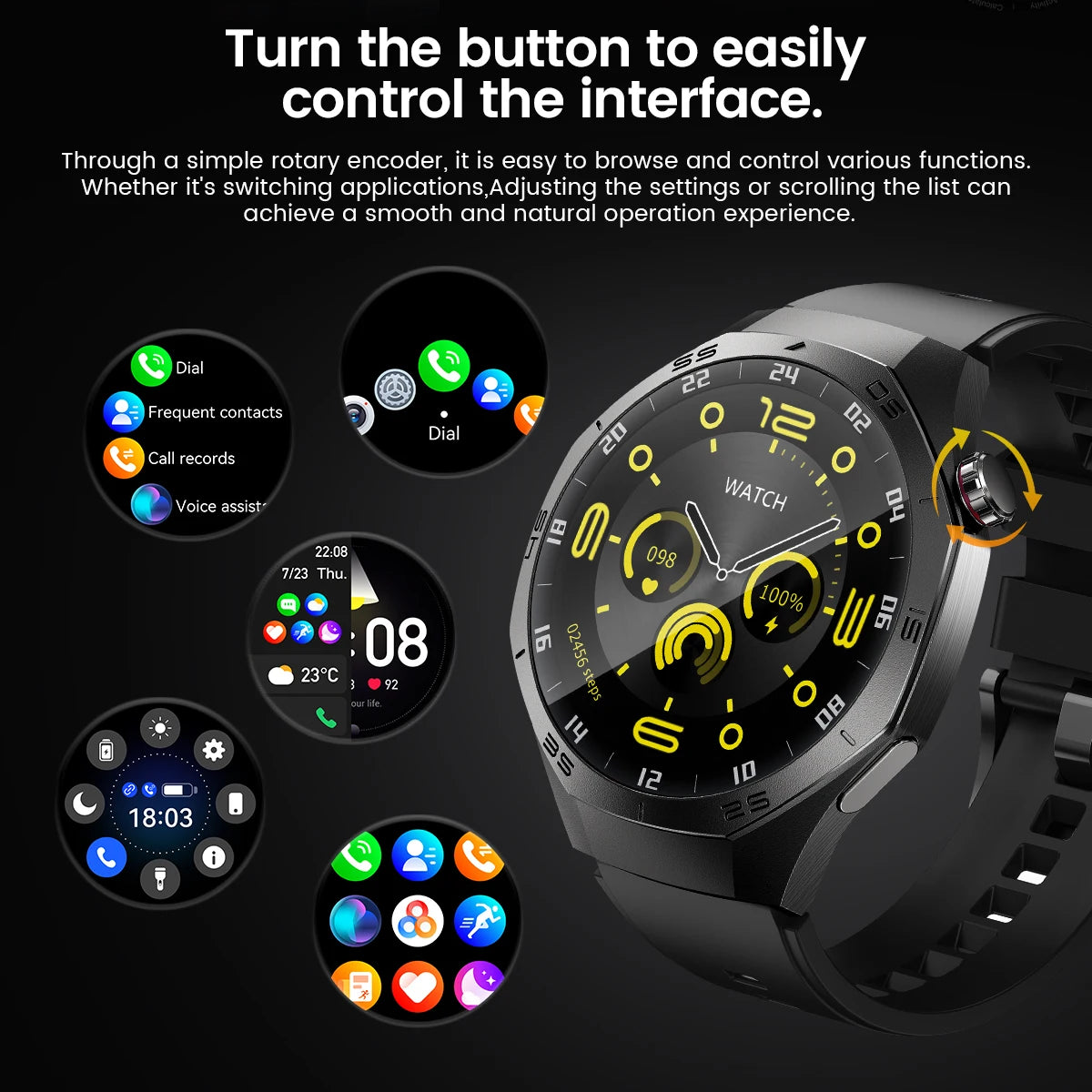 Smartwatch with rotary encoder interface on a black background