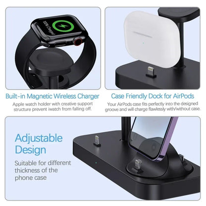 Multi-device charging stand with Apple watch holder, AirPods case dock, and adjustable design features.