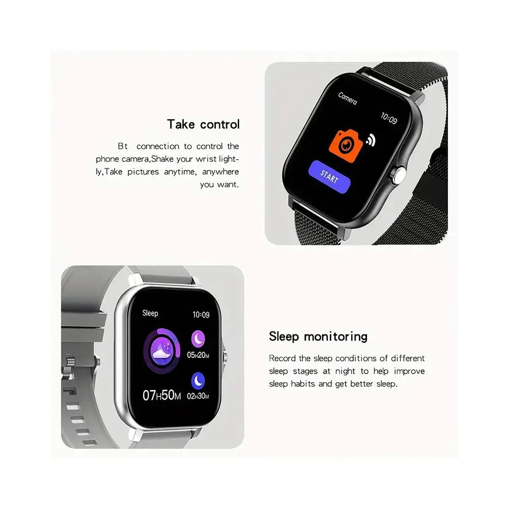 Smartwatch displaying app icons with accompanying text on a white background
