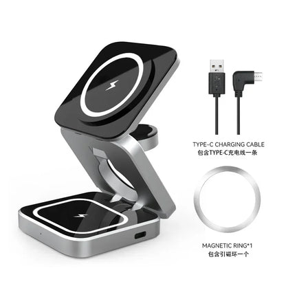 Wireless charging stand with magnetic ring and USB cable on a white background