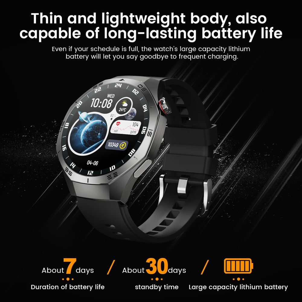 Smartwatch with black band on a dark background, highlighting battery life features.