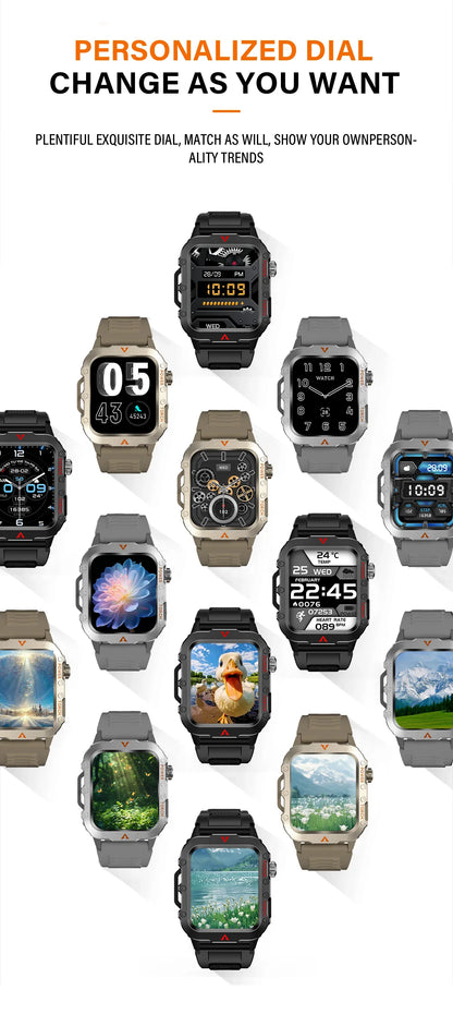 Collection of smartwatches with various display faces on a white background