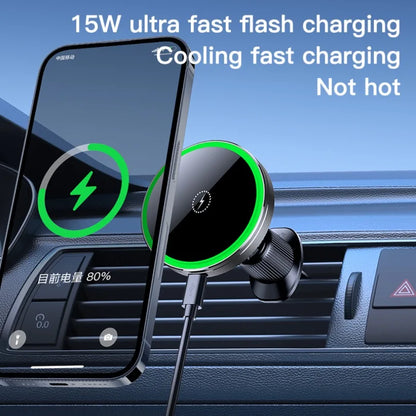 Car air vent with wireless charging pad and smartphone, highlighting fast charging features.
