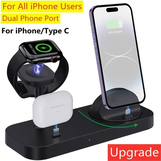 Multi-device charging station for iPhone, Apple Watch, and AirPods with dual phone port feature.