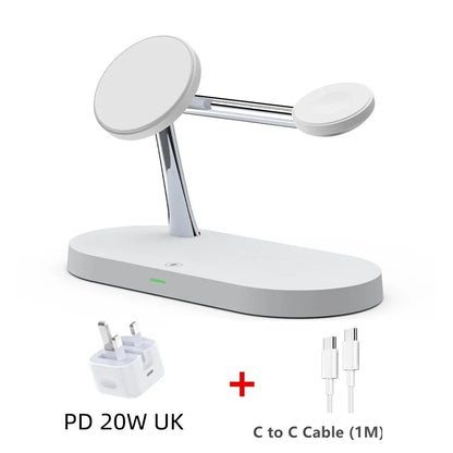 White charging station with two phone stands, power adapter, and cable on a white background