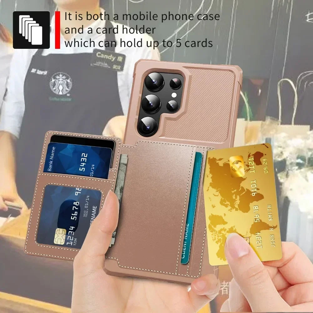 Brown phone case with card holders displaying cards and a Starbucks cup in the background.