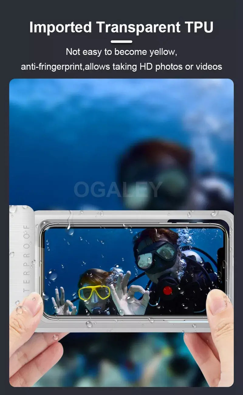 Waterproof phone case with underwater view of scuba divers, featuring imported transparent TPU material
