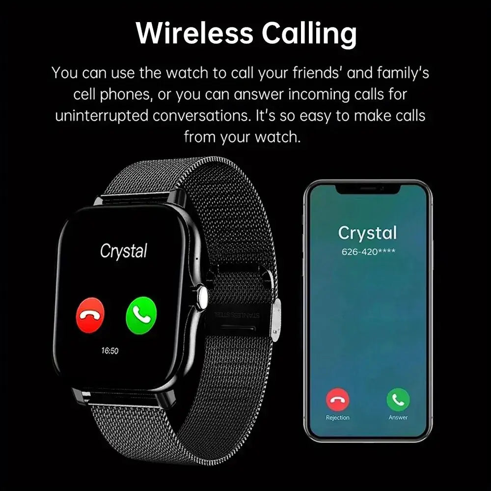 Smartwatch and smartphone displaying a call interface with accompanying text about wireless calling, on a white background
