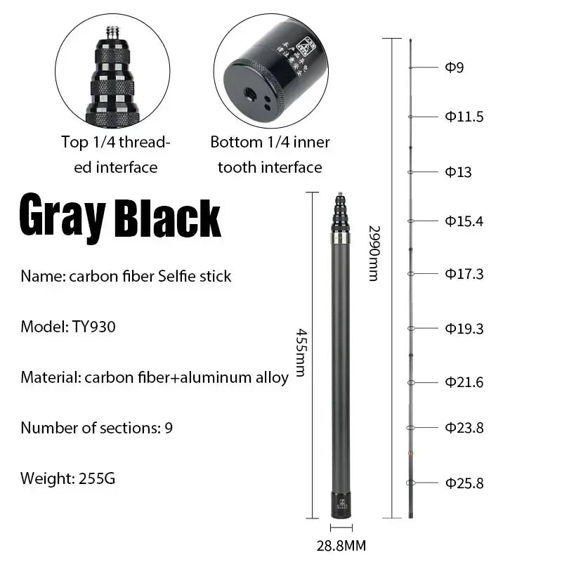 Carbon fiber selfie stick with specifications on a white background