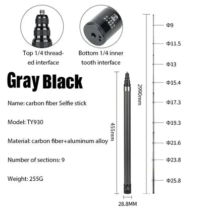 Carbon fiber selfie stick with specifications on a white background