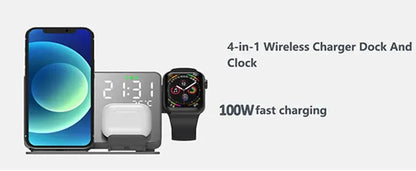 4-in-1 wireless charger dock with smartphone, smartwatch, and clock display on a white background.