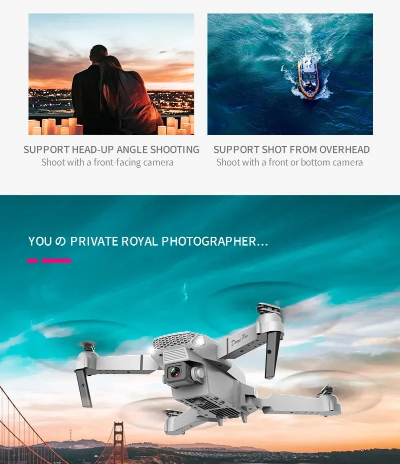 Drone with text highlighting features and uses on a scenic background