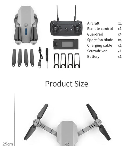 List of drone components with product size measurement on a white background