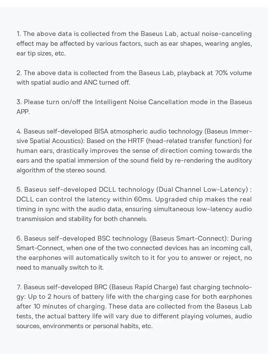 Text description of Baseus Lab noise-canceling earphone features and technologies on a white background
