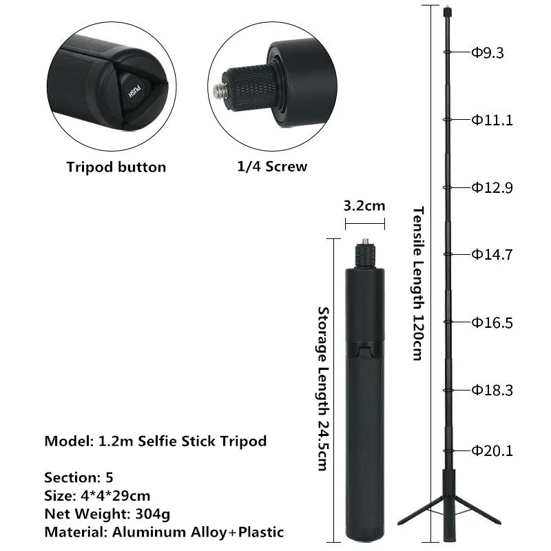 Black selfie stick tripod with measurements and details on a white background