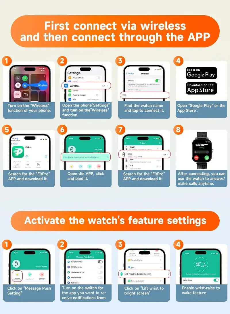 Step-by-step guide for connecting a smartwatch via wireless pairing and through a smartphone app, displayed on a white background
