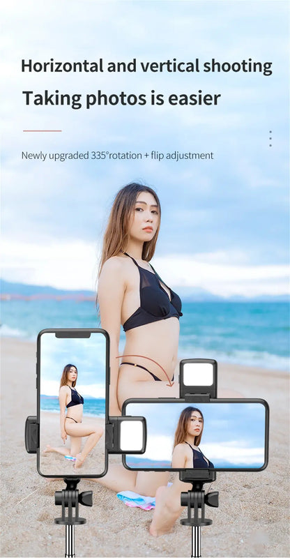 Woman in a bikini on a beach with smartphone screens displaying different angles of her
