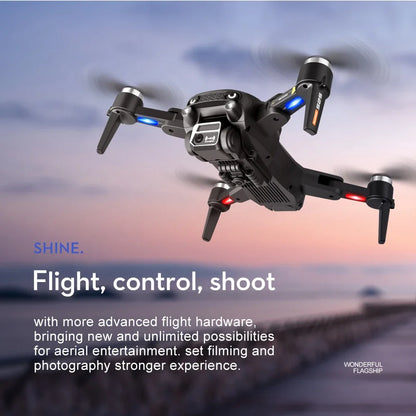 Drone flying against a scenic background with promotional text.
