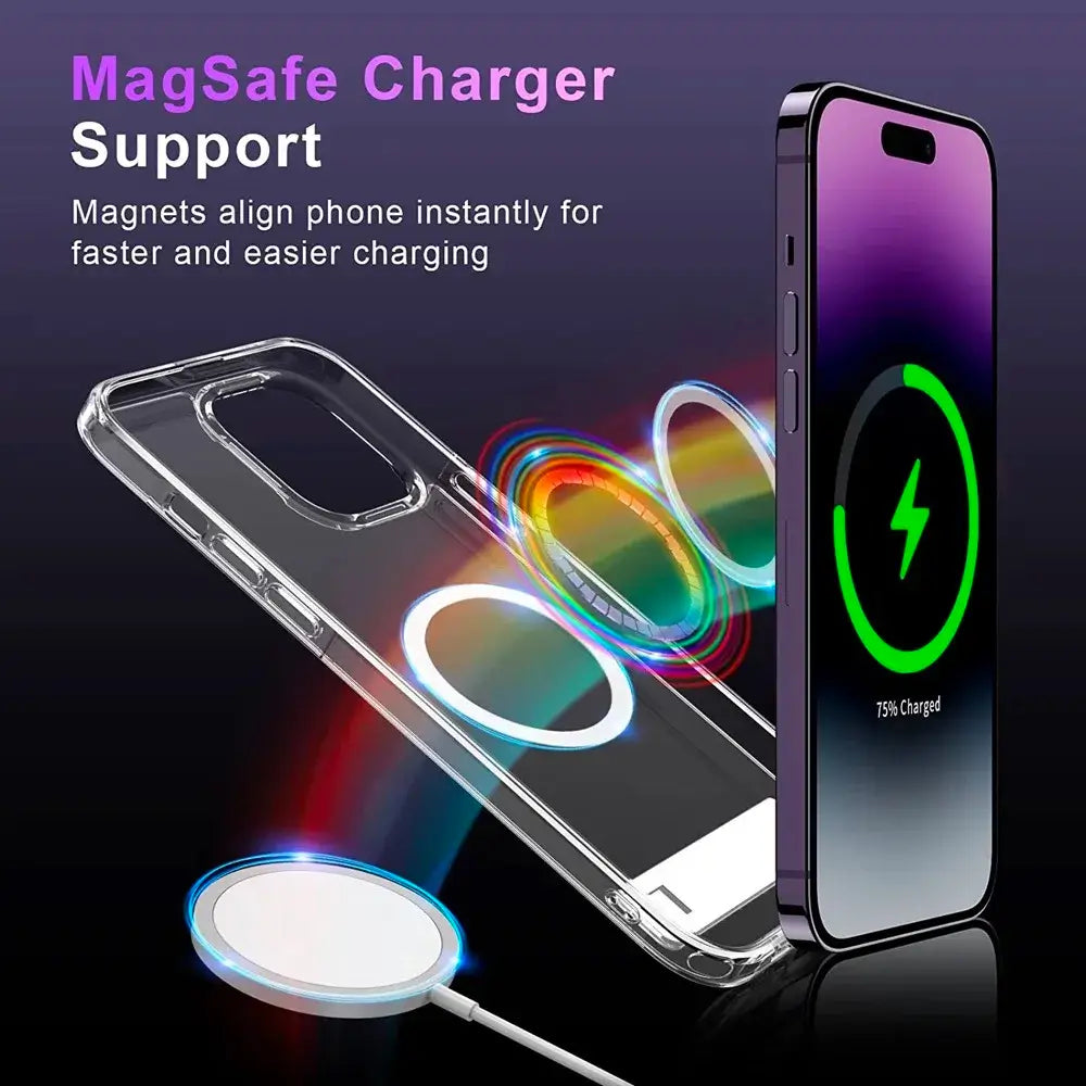 Magnetic clear phone case for iPhone with MagSafe charger support and charging cable on a dark background
