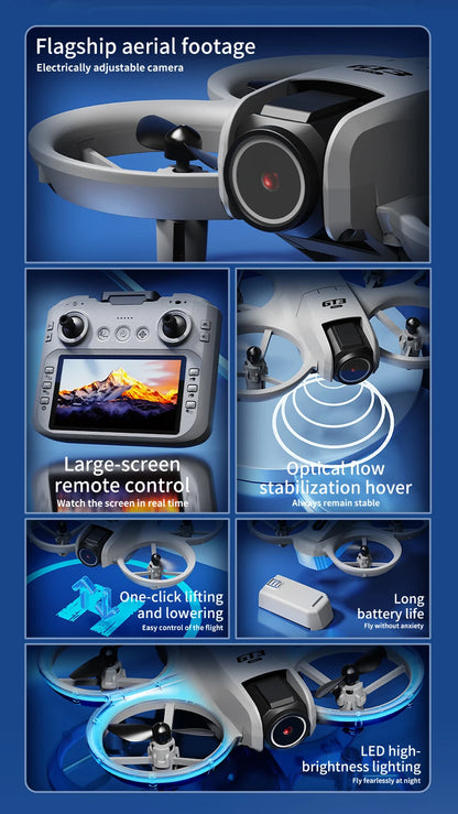 Promotional image of a drone with features highlighted on a blue background