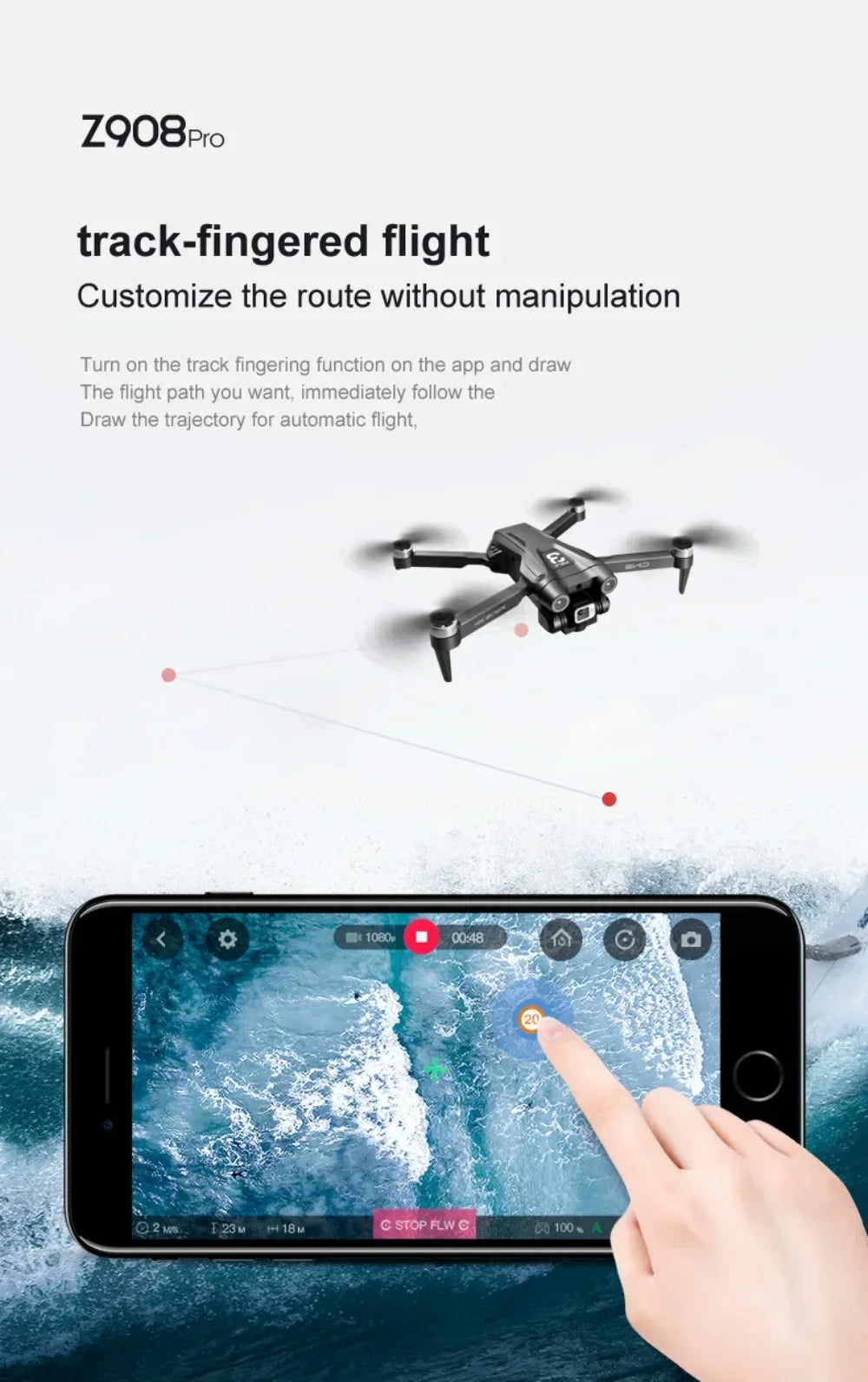 Drone with smartphone app interface on a white background