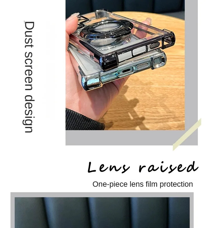 Clear phone case with raised lens design held by a hand on a wooden surface.