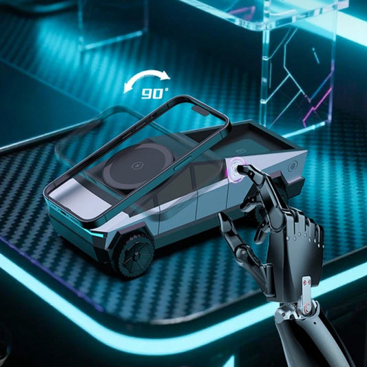 Robotic arm interacting with a futuristic device on a reflective surface with neon lighting.