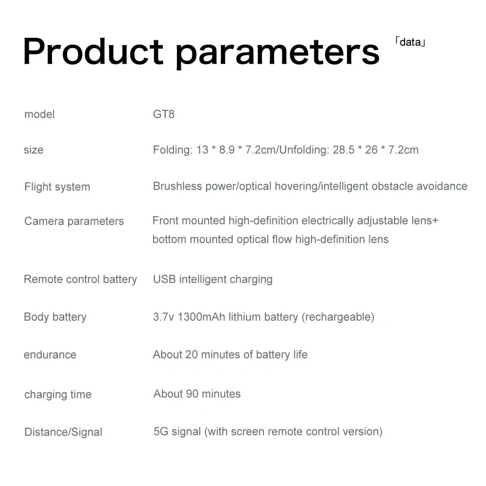 Product parameters table for a device model GT8 on a white background