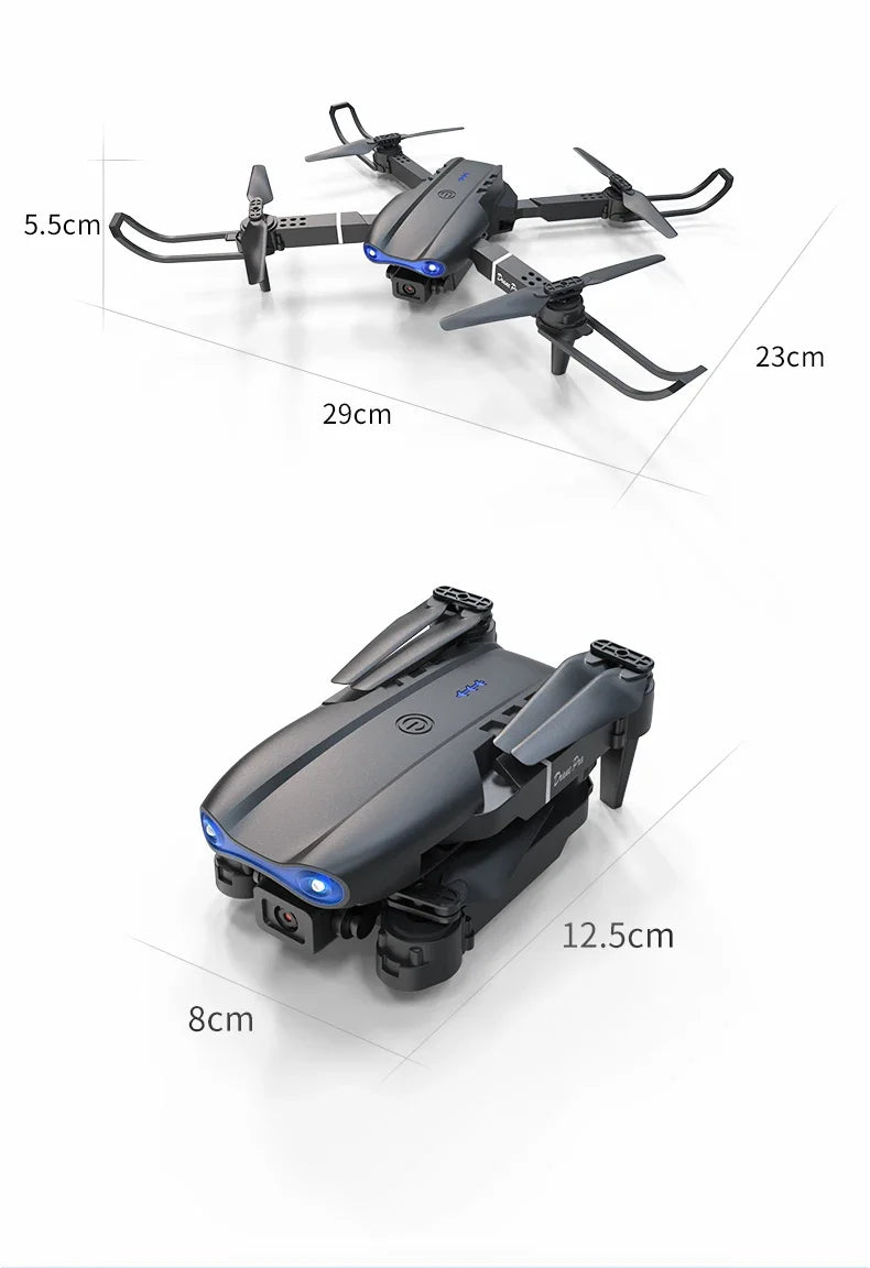 Black drone with measurement labels on a white background