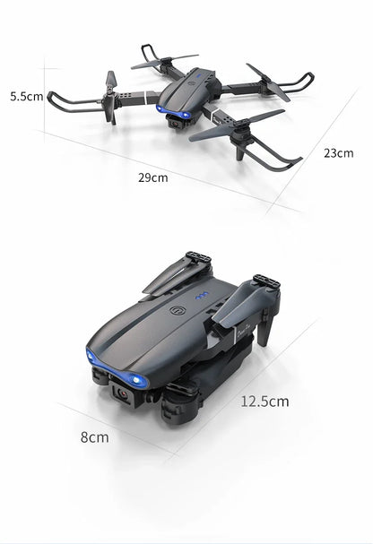 Black drone with measurement labels on a white background