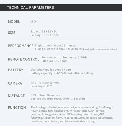 Technical specifications of a drone model L900 on a white background