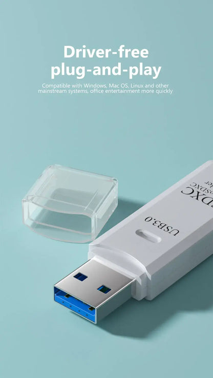 USB adapter with clear cover on a light blue background
