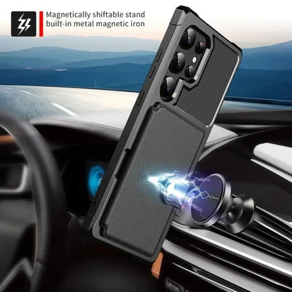 Phone case with magnetic stand feature in a car interior