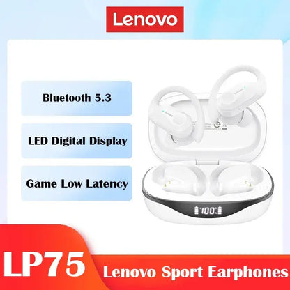 Lenovo Sport Earphones with charging case displayed on a light blue background

