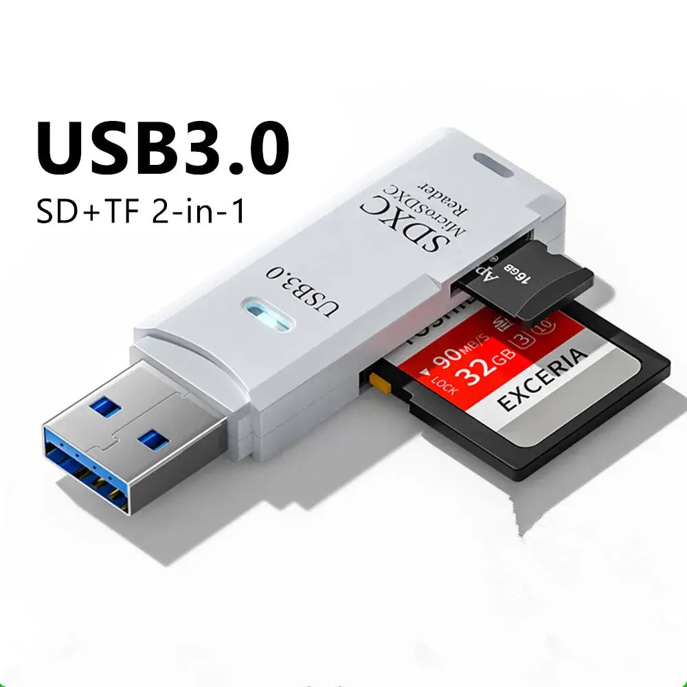 USB 3.0 SD and TF 2-in-1 card reader with SD card on a white background
