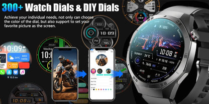 Smartwatch with customizable dials and app interface on a dark background
