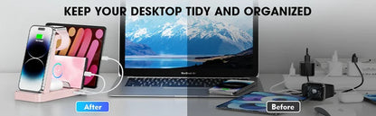 Before and after comparison of a desk setup with a laptop, phone, and stationery.
