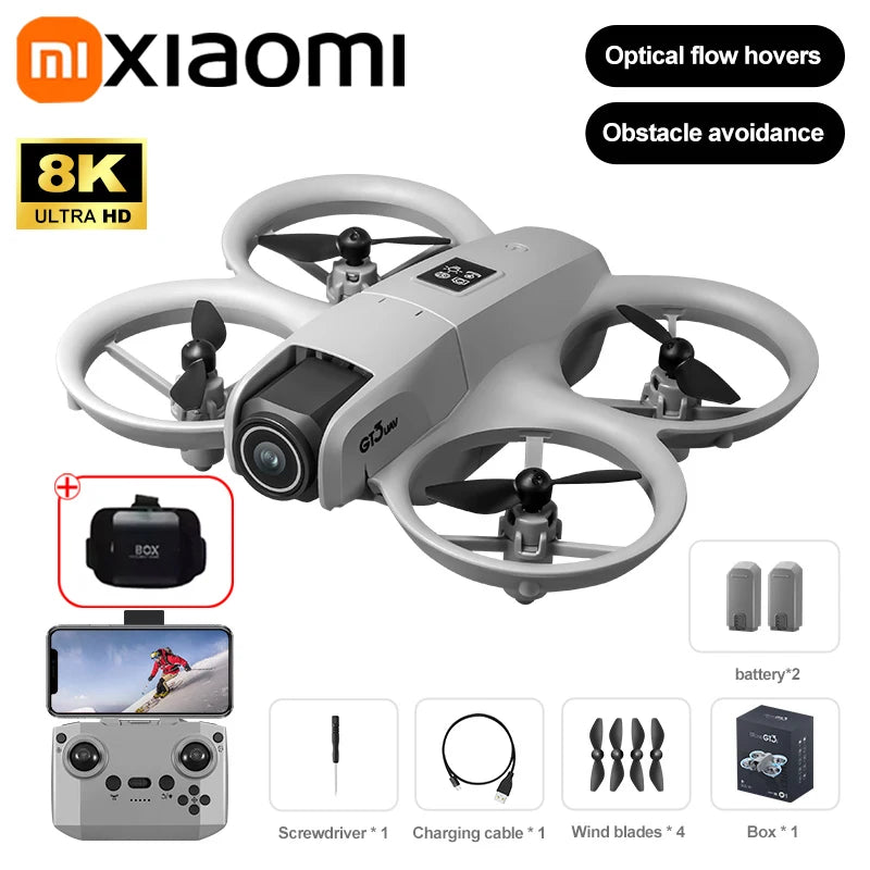 Xiaomi drone with 8K camera, optical flow hovering, and obstacle avoidance features on a white background.