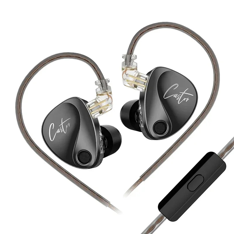 Pair of black in-ear headphones with a control unit on a white background