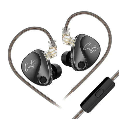 Pair of black in-ear headphones with a control unit on a white background