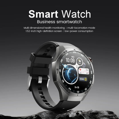 Smartwatch on a dark background with text highlighting features