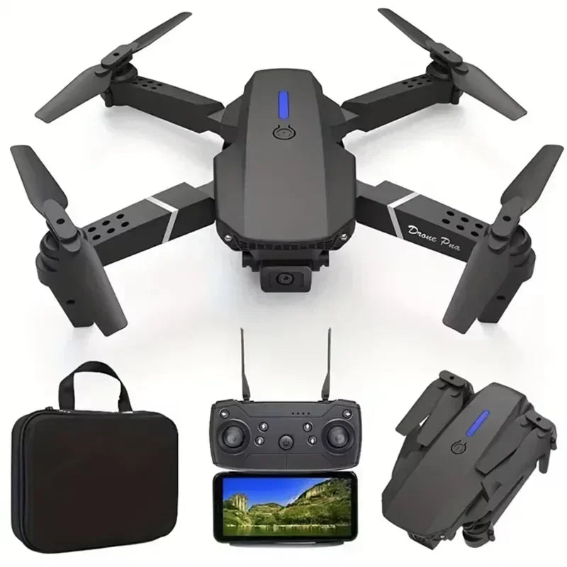 Black drone with remote control, screen, and carrying case on a white background