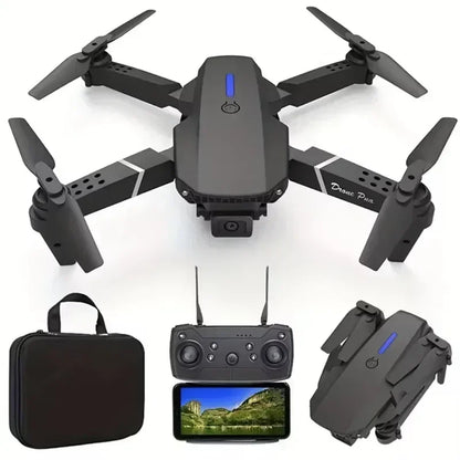 Black drone with remote control, screen, and carrying case on a white background
