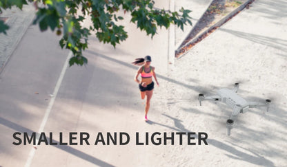 Person running on a road with a drone in the foreground, labeled 'Smaller and Lighter'.